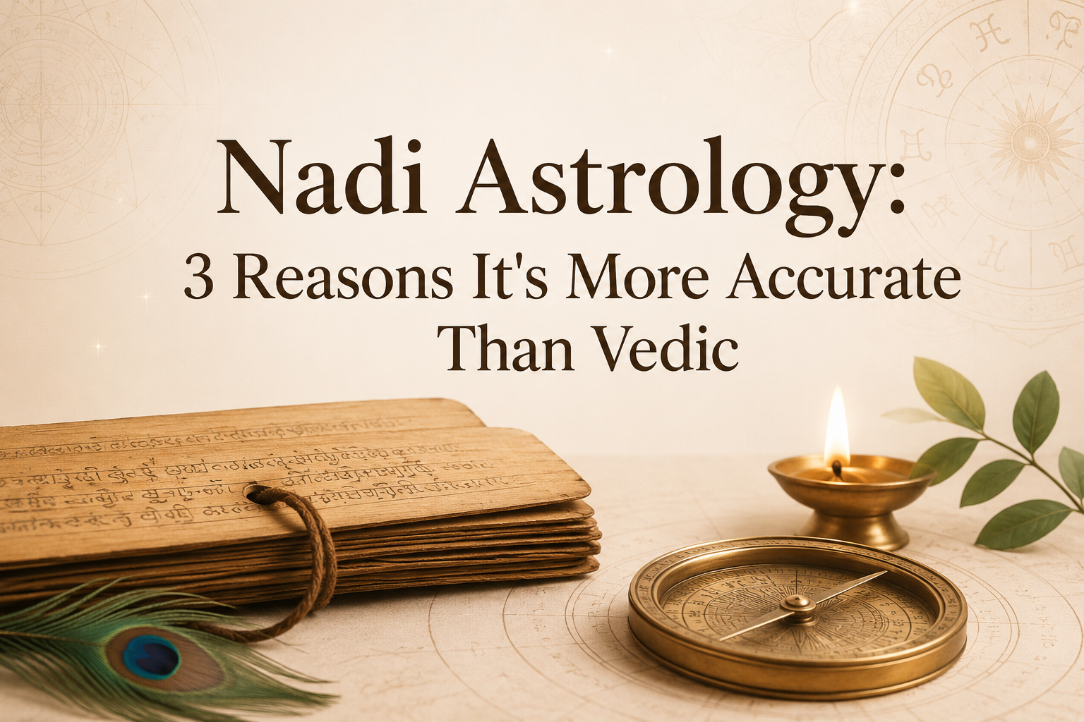 Nadi Astrology vs Vedic Astrology illustration with ancient palm leaf reading, subtle zodiac symbols, and spiritual astrology theme for 2026 predictions blog.